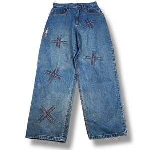 Vintage Phat Farm Baggy Jeans Mens 32 Blue Loose Skater Y2K Embroidered Wide Y2K